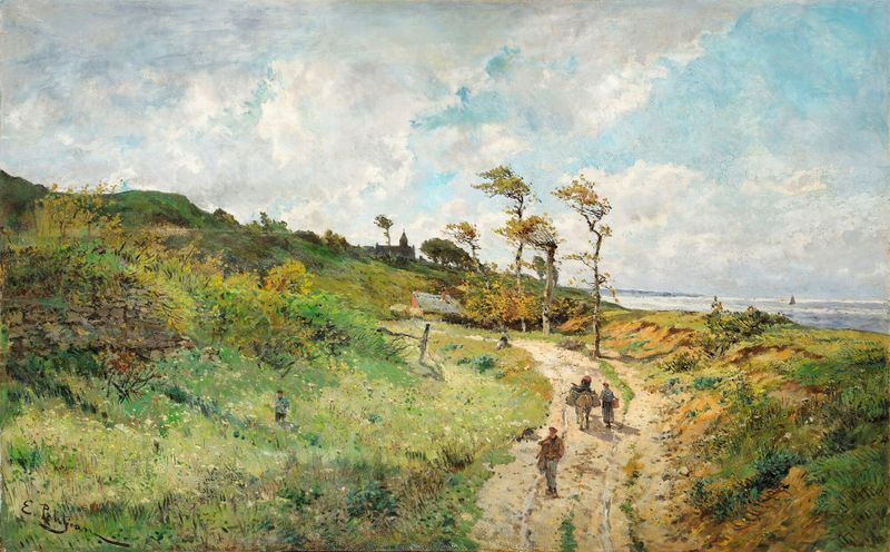 Paisaje costero con un camino al amanecer, óleo sobre lienzo de Edmond-Marie Petitjean