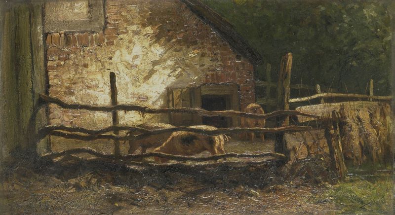 Pigs in a sty, oil painting by Louis Apol, depicting cozy rural life.