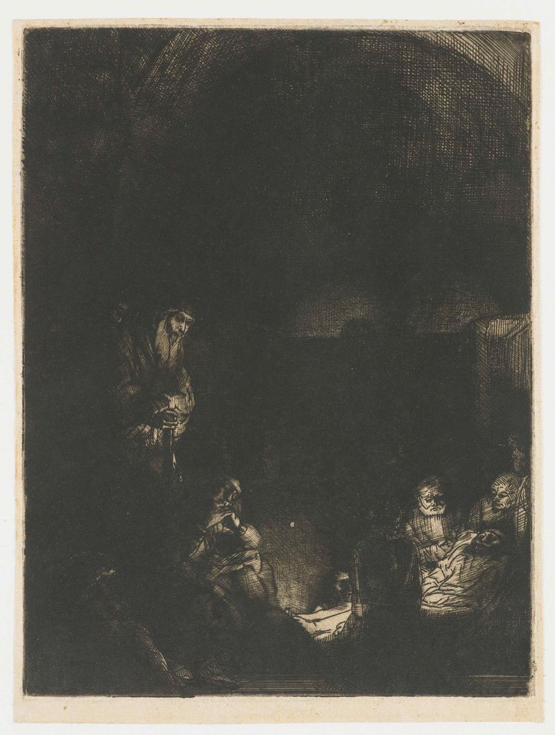 Grabado de Rembrandt van Rijn que representa a Cristo en sombra y luz.