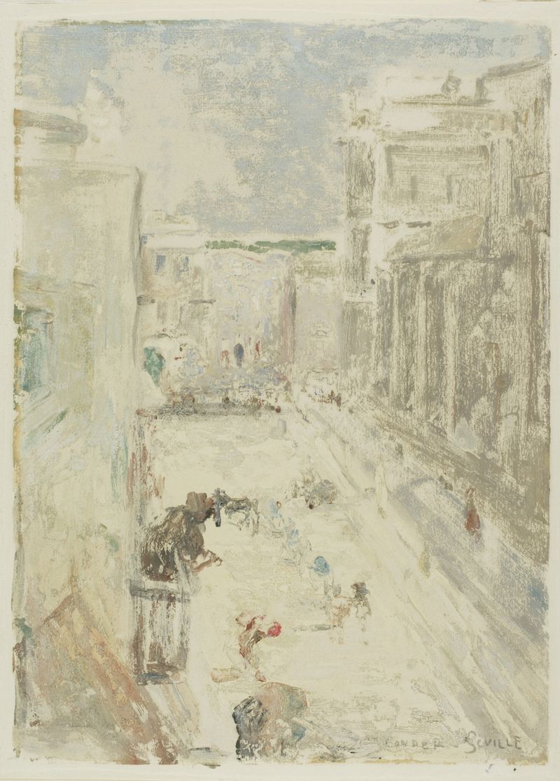 Street in Seville de Charles Conder, óleo sobre lienzo que muestra una escena callejera animada con figuras y luz brillante.