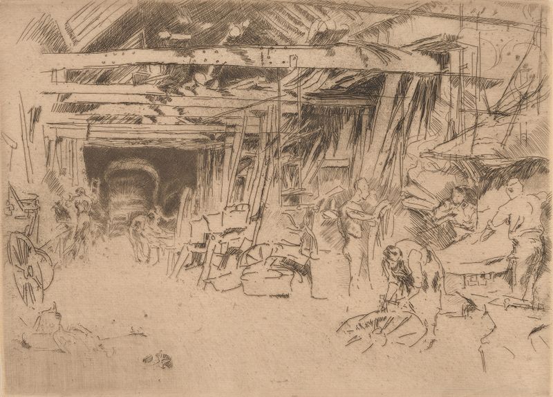 Wheelwright de James Abbott McNeill Whistler, óleo sobre lienzo que muestra a un artesano en su taller.