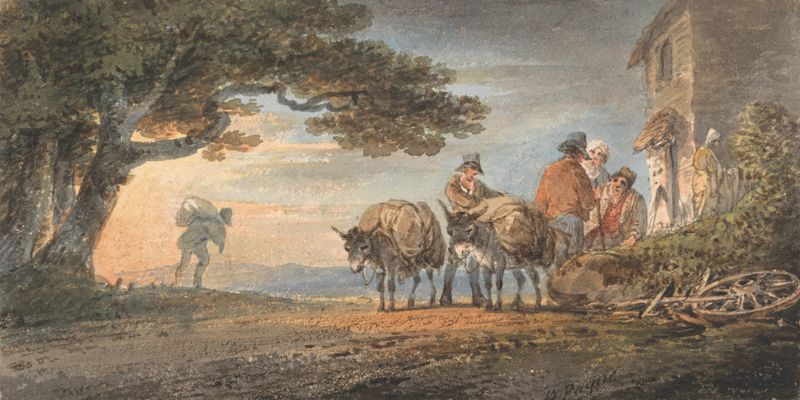 Drivers and Burros Resting at Sunset, oil on canvas by William Payne