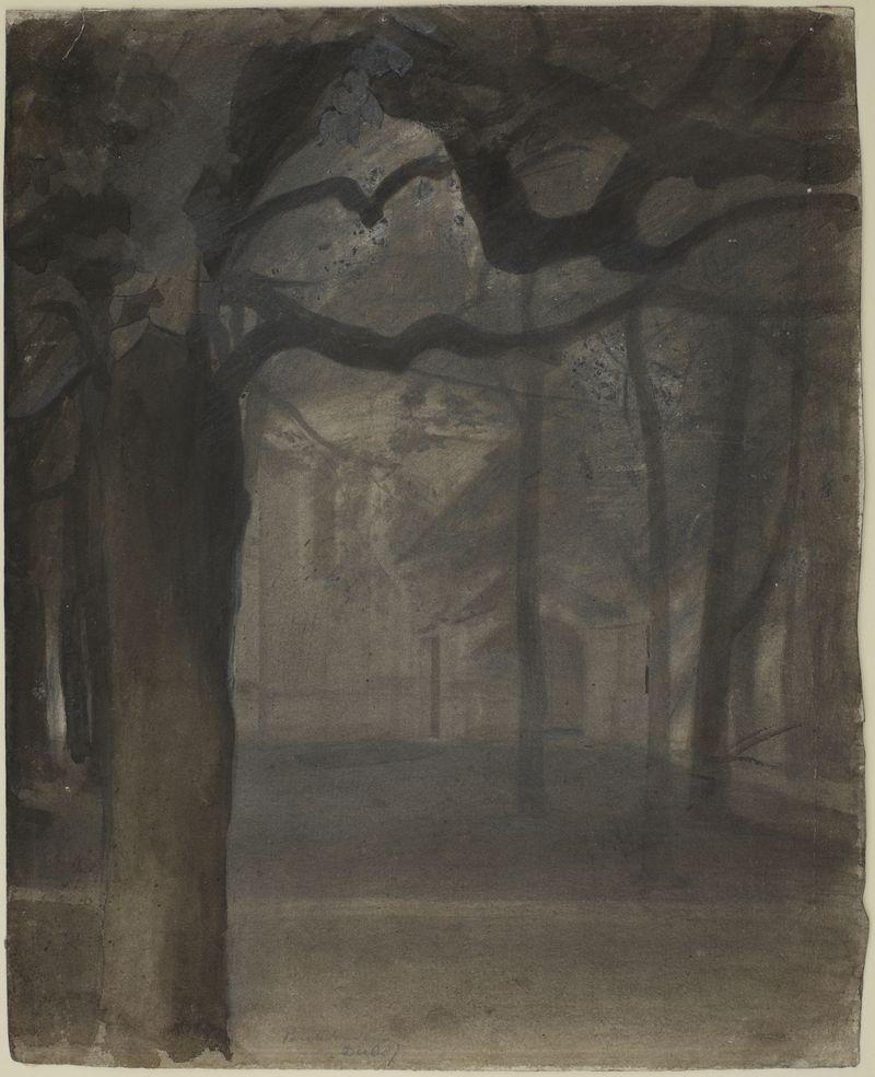 Shrine in a park de Józef Pankiewicz, pintura a óleo que retrata um santuário cercado de vegetação.