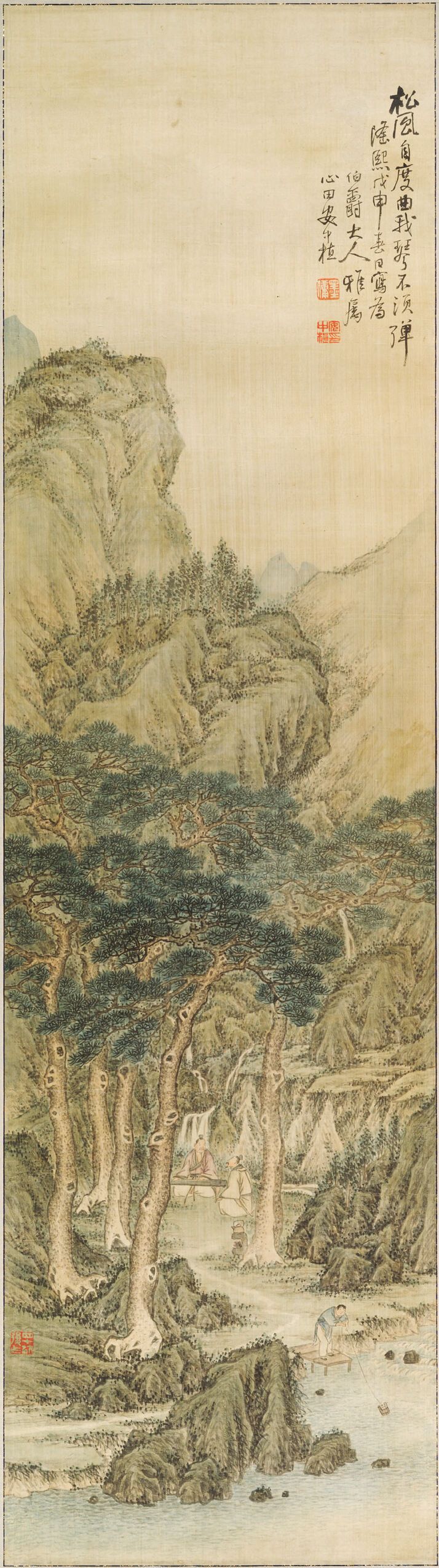 Obra de seda de An Chung-sik retratando um músico tocando o zither sob os pinheiros.