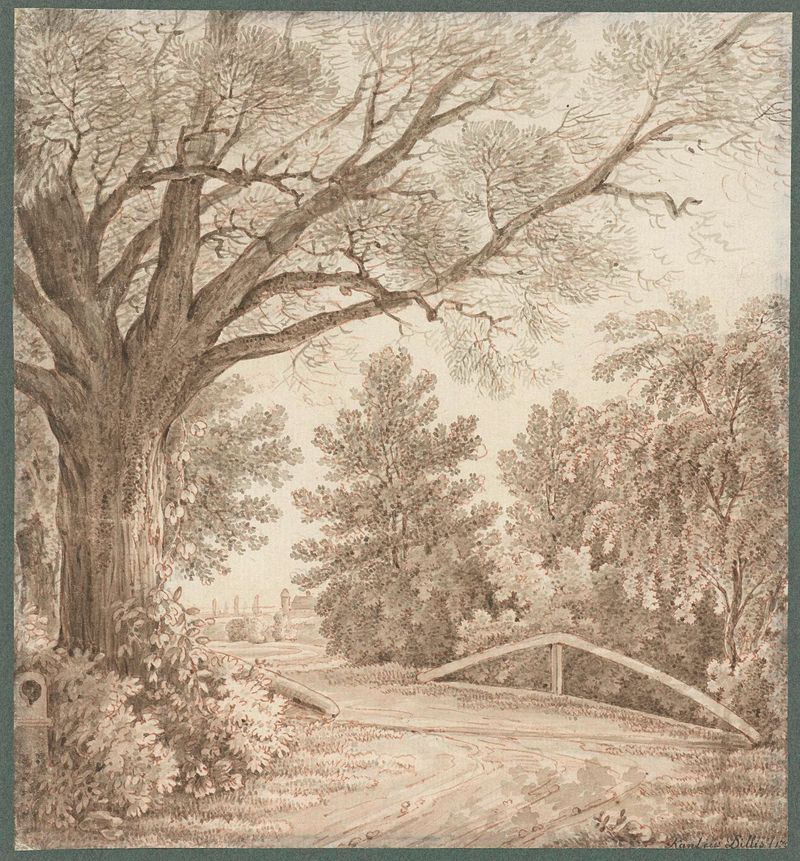Landscape featuring a bridge and a large tree by Cantius Dillis, unknown medium
