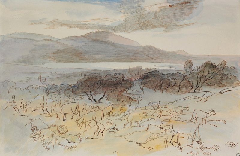 Aquarela de Edward Lear representando Argostoli e a Montanha Negra, 1863