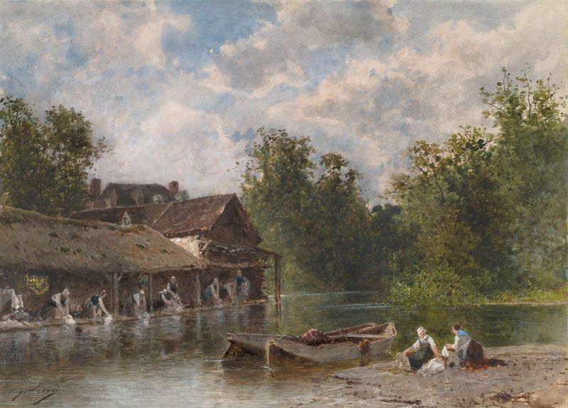 Les Lavandières de Eugène Ciceri, óleo sobre lienzo, que muestra a mujeres lavando ropa.