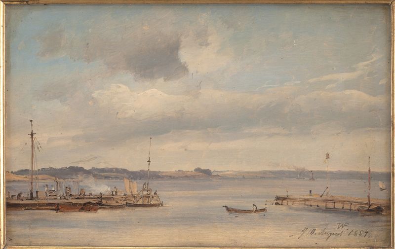 oil on canvas by Vilhelm Petersen depicting a serene harbor with boats and calm water