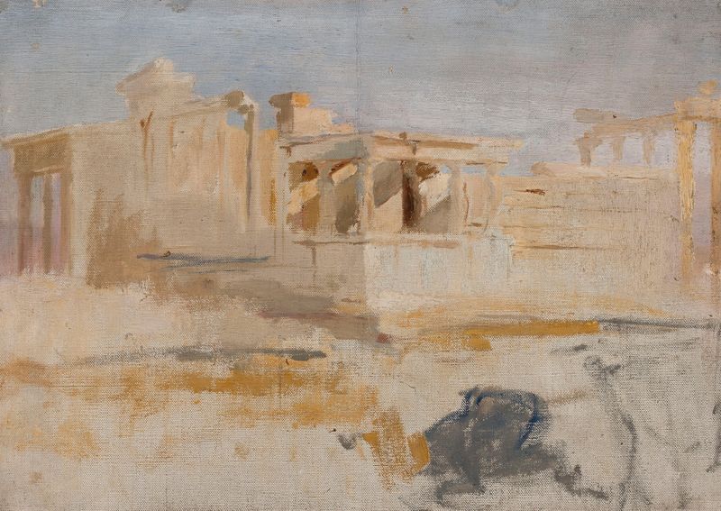 Erechtheion pintura a óleo de Jan Ciągliński, apresentando colunas de mármore detalhadas e arquitetura grega.