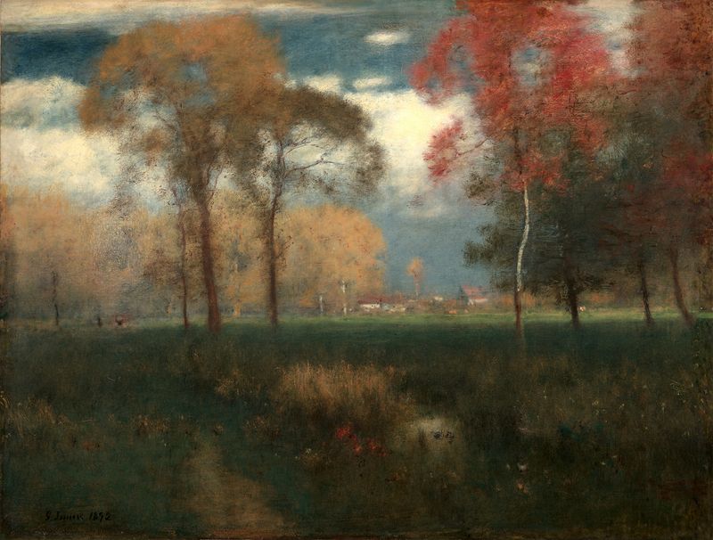 Sunny Autumn Day de George Inness, medio de bronce que representa un paisaje de otoño.