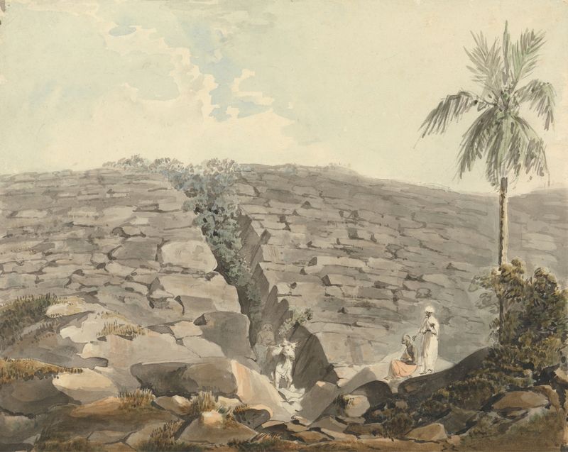 Cleft in a Formation of Rocks, óleo sobre lienzo de Samuel Davis, que representa un paisaje rocoso con texturas profundas.