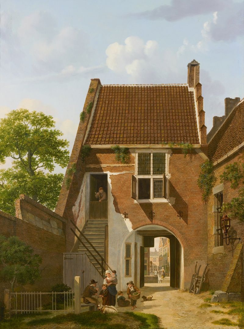 Interior scene of a courtyard with light and shadow, oil painting by Jan Hendrik Verheijen