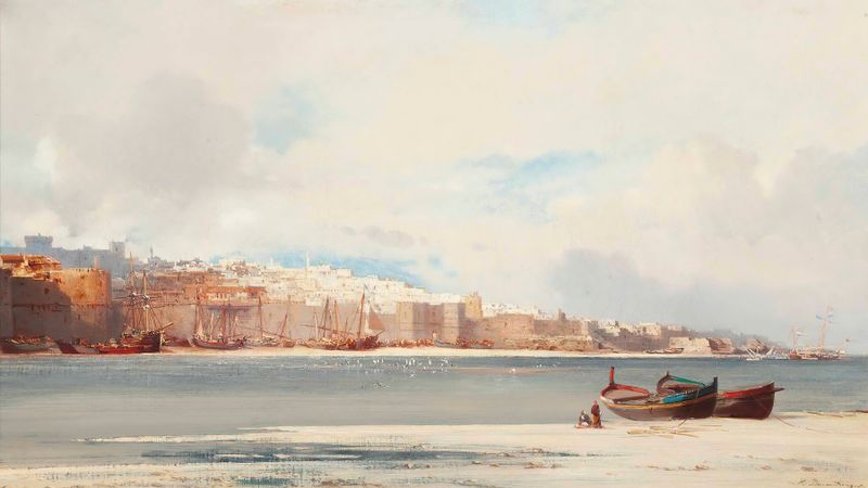 Figures on the shore before Rabat, Morocco by Jean-Baptiste-Henri Durand-Brager, oil on canvas