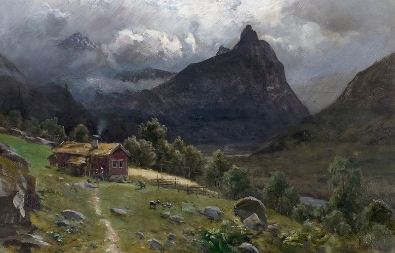 Landskap de Peder Cappelen Thurmann, pintura al óleo que representa un paisaje colorido con un cielo tumultuoso.
