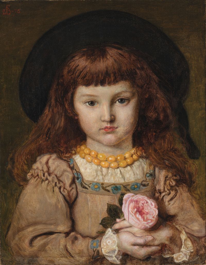 Portrait of a young woman holding a rose, oil on canvas by Ford Madox Brown