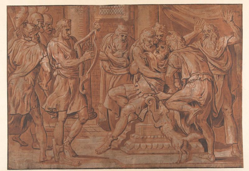 David toca harpa para Saul, meio de madeira, Joos Gietleughen