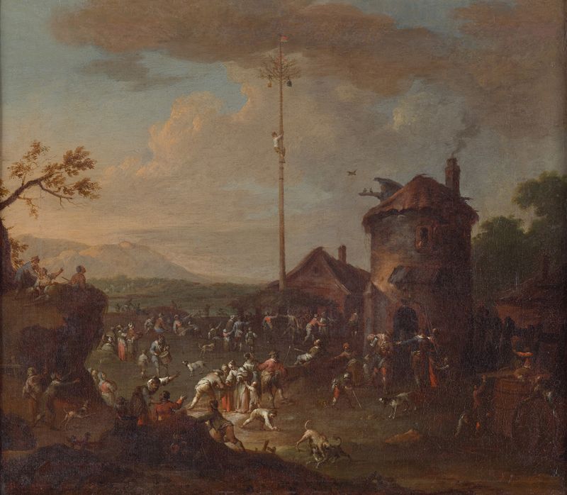 Cena de gênero que retrata um festival vibrante de Karl Josef Aigen, meio desconhecido