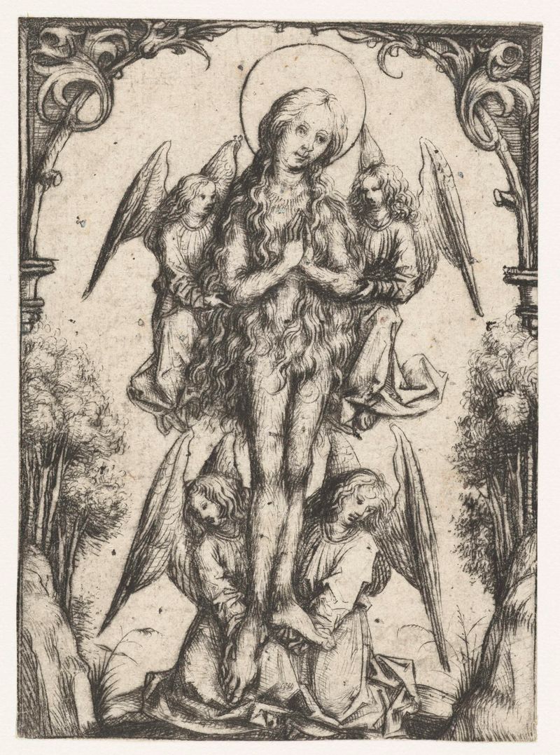 De elevatie van de H. Maria Magdalena met vier engelen, drypoint de Meester van het Amsterdamse Kabinet