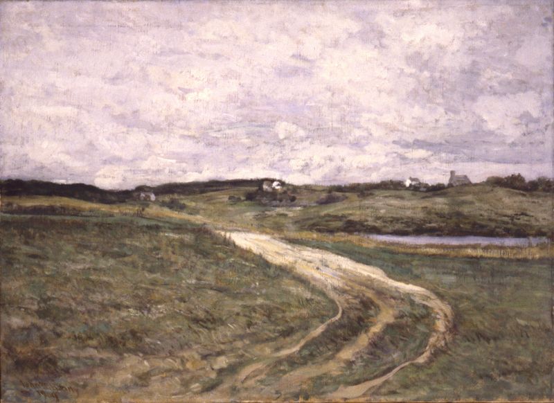 Plymouth Hills de John W. Beatty, óleo sobre lienzo que representa colinas y un cielo azul.