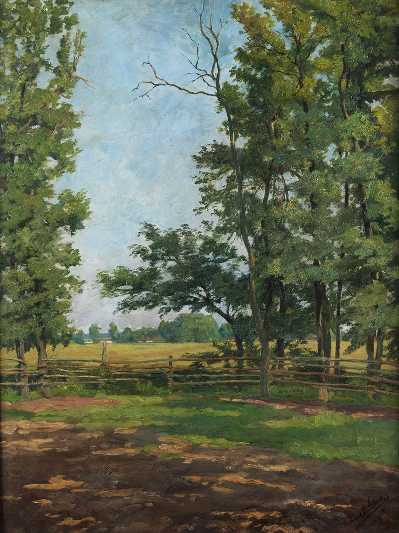 Landscape oil painting by Richard Benno Adam depicting a racecourse with horses and mist.