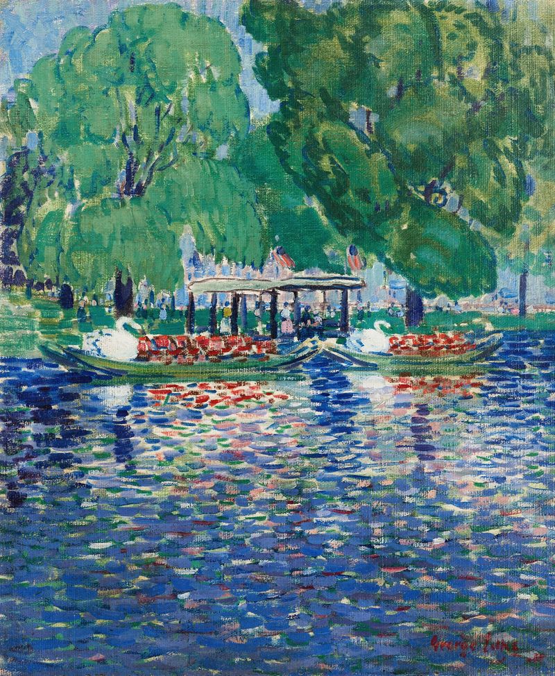 Barcos cisne deslizando sobre a água, pintura a óleo de George Luks