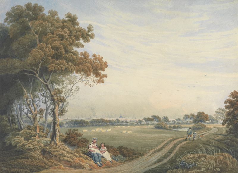 Paisaje de Londres con el Támesis, pintura al óleo de William Frederick Wells