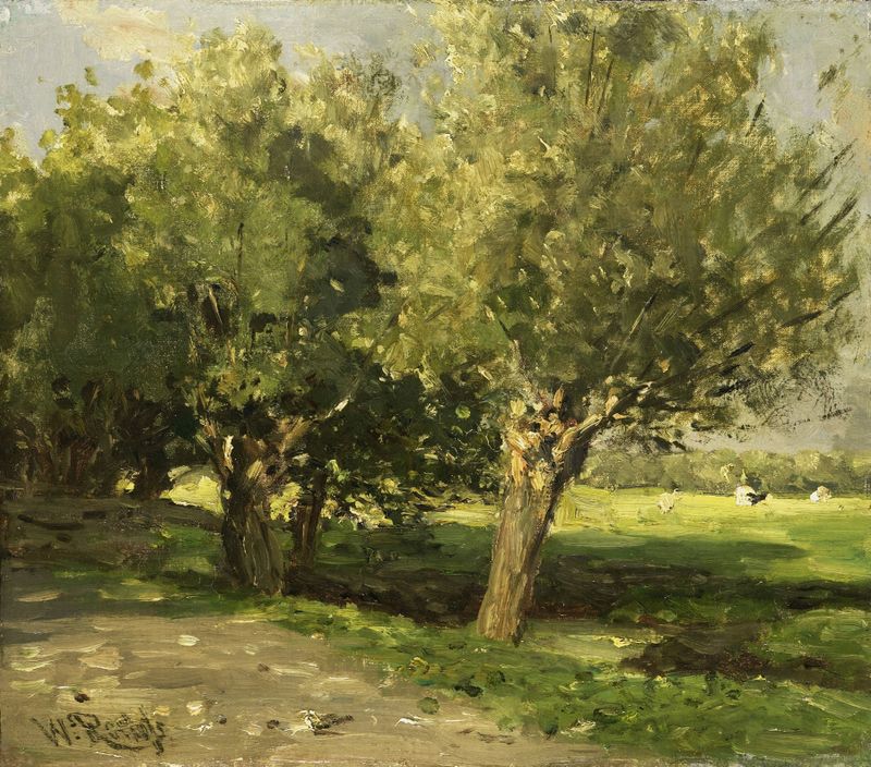Wilgebomen by Willem Roelofs, oil on canvas depicting willows with vibrant greens and earthy browns.