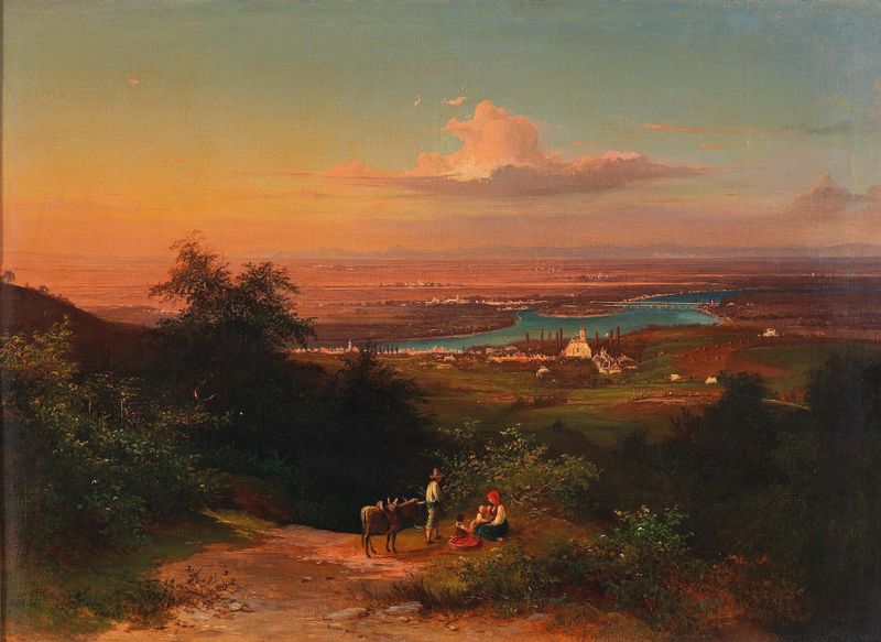 Oil painting by Josef Schwemminger depicting hills and a tranquil lake.