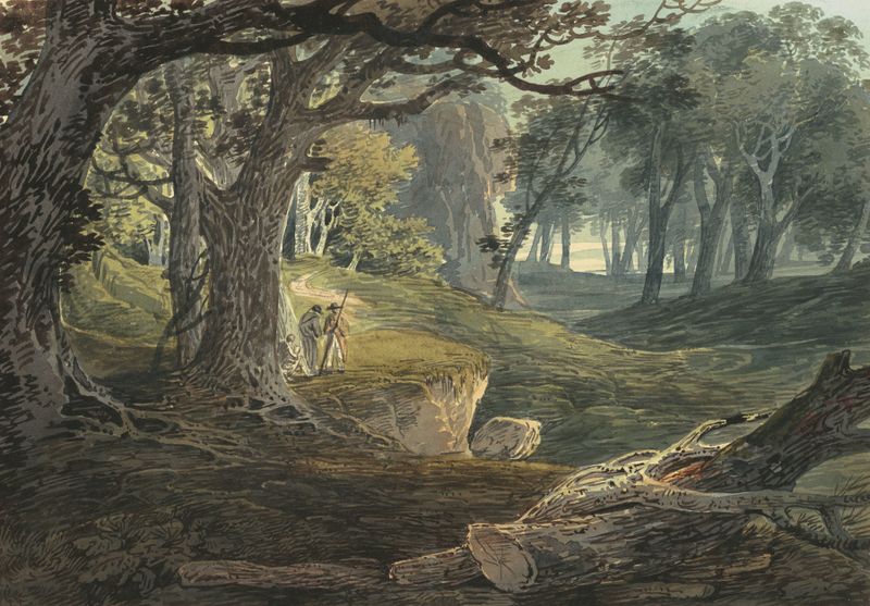 Travellers in a Woodland Glade, oil painting by William Payne depicting figures in a tranquil forest.