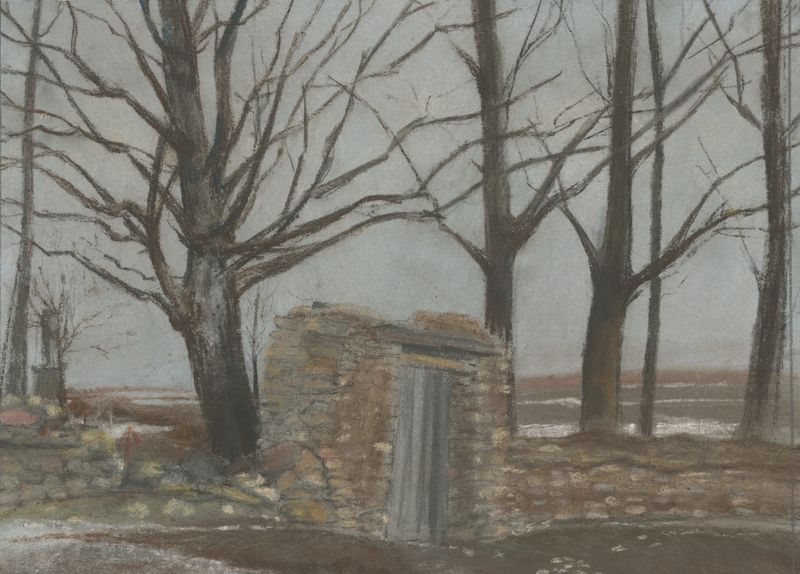 Paisaje de Ladislav Mednyánszky, óleo sobre lienzo que muestra colinas y vegetación.