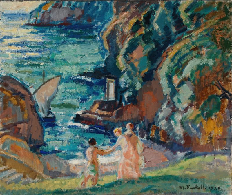 Rocky Shore in the Sun, Porto Fino de Magnus Enckell, óleo sobre lienzo que muestra rocas iluminadas por el sol y naturaleza.