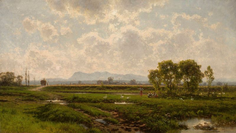 Landscape from South Tyrol by Aleksander Swieszewski, oil painting depicting mountains and a sunset.