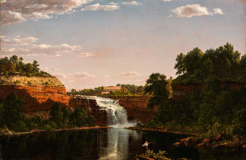 Lower Falls, Rochester de Frederic Edwin Church, pintura al óleo que representa una cascada y un bosque.