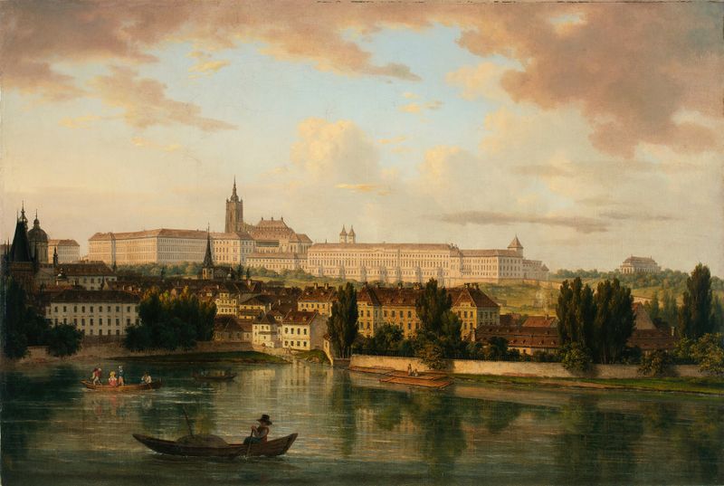 Prager Burg – Hradschin by Alois von Saar, oil on canvas depicting a castle in golden light