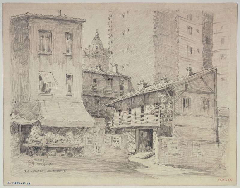Rue Lamark, à Montmartre de Ferdinand Boberg, óleo sobre tela que retrata uma rua de paralelepípedos.