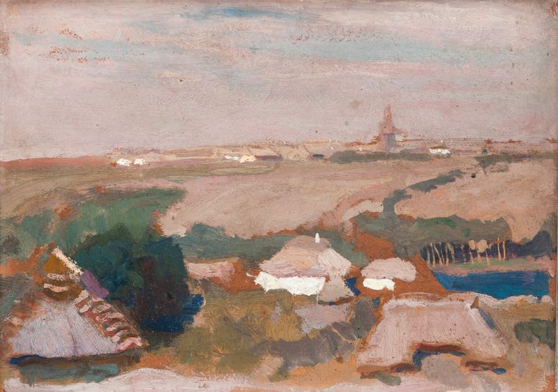 Ukrainian Village de Jan Stanisławski, impressionismo, casas ao entardecer com luz dourada.