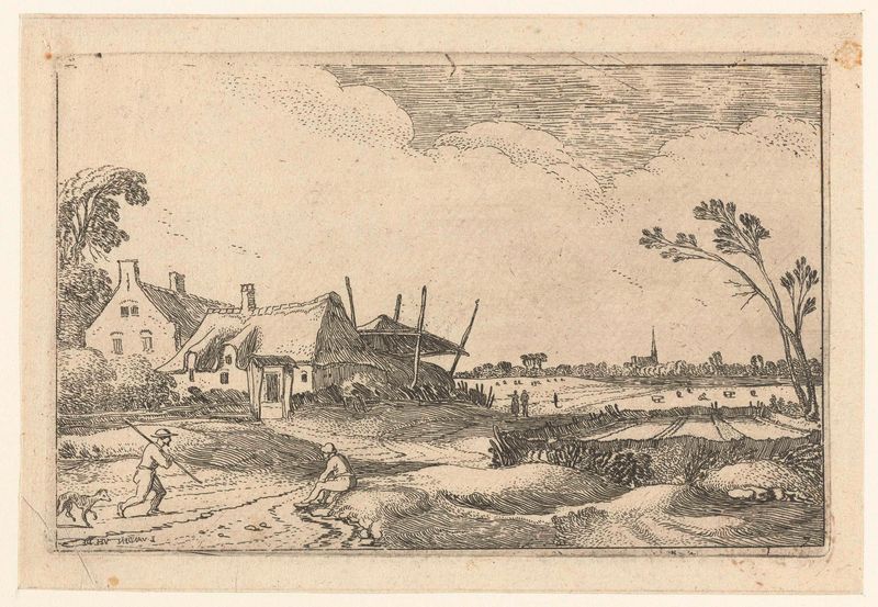Grabado de Esaias van de Velde que muestra una granja y campos bajo un cielo brillante.