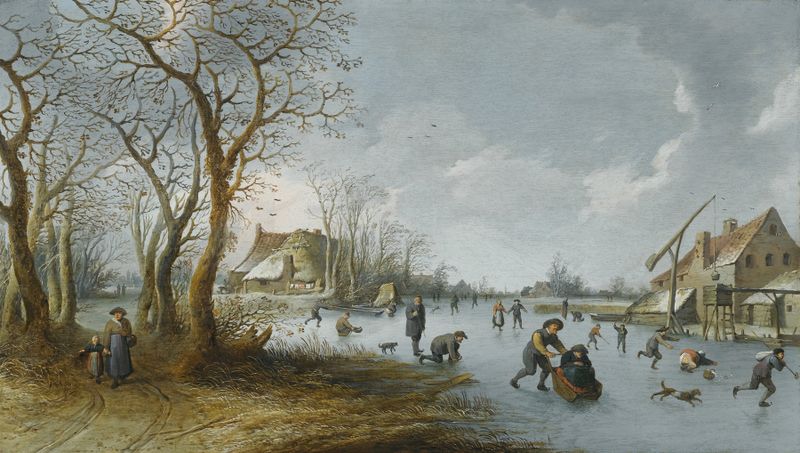 A frozen river landscape with a man pushing his wife in a sledge, oil painting by Pieter de Bloot.