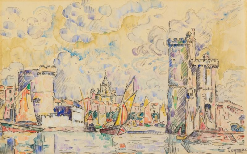Port De La Rochelle by Paul Signac, oil painting depicting a harbor with boats and water