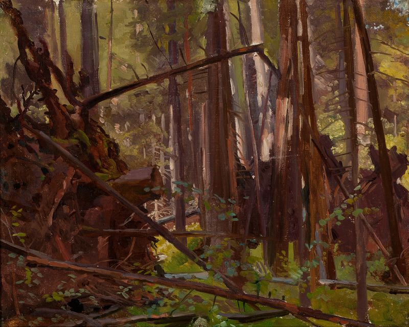 Landscape; Morif from Białowieża de Jozef Chelmonski, pintura al óleo de colinas onduladas y cielo dorado.
