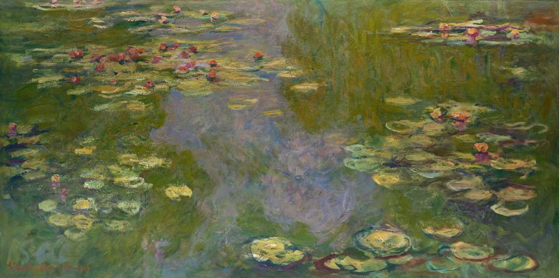 Water Lilies oil painting by Claude Monet showing serene water reflections and a lush garden