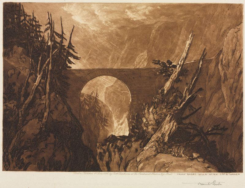 Grabado de Sir Frank Short que representa Little Devil’s Bridge con reflejos en el agua