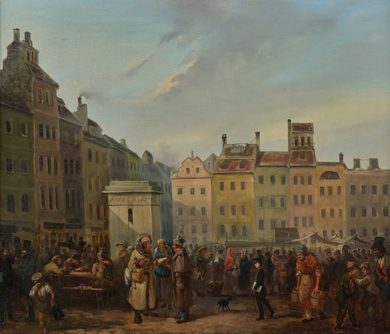 Cena de gênero de um mercado em Rynek Starego Miasta, óleo sobre tela de Franciszek Kostrzewski