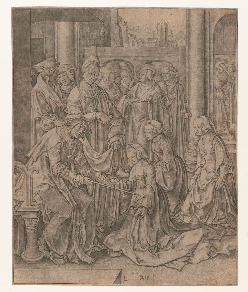 Grabado de Lucas van Leyden que muestra a Esther arrodillada ante Ahasuerus con luz y sombra dramáticas