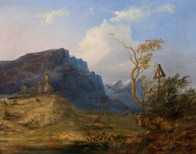 Paisaje montañoso de Jan Nepomucen Glowacki, óleo sobre lienzo que representa colinas serenas y un camino.