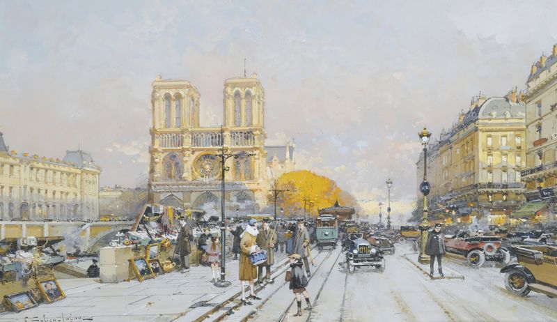 Notre Dame cathedral, oil painting by Eugène Galien-Laloue, illuminated by golden light