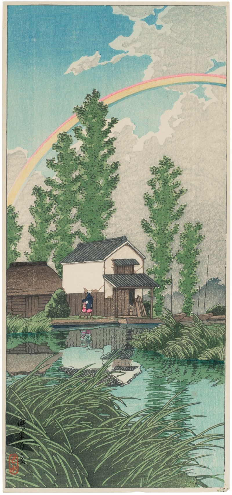 Ukiyo-e de Kawase Hasui que representa un paisaje de verano con río y cielo