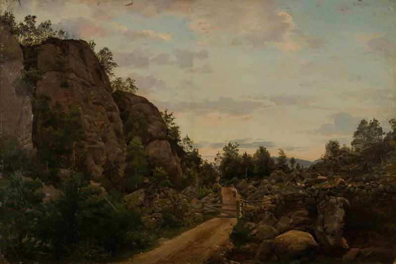Paisaje con un camino serpenteante y árboles, óleo sobre lienzo de Amaldus Nielsen