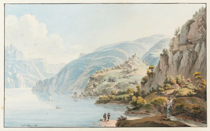 Gravura de Johann Ludwig Aberli mostrando o Lago Lucerna com reflexos e montanhas.