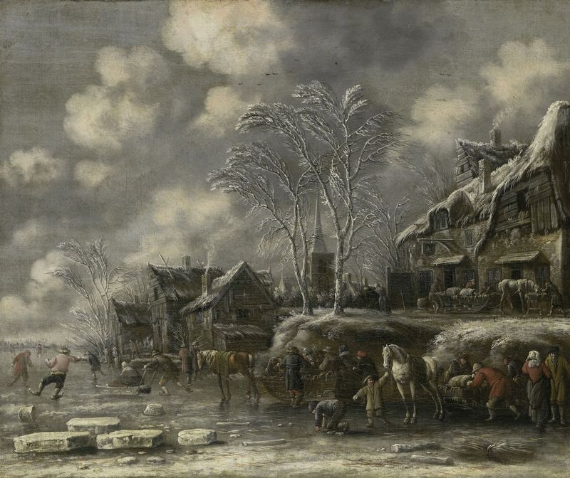 Winter Scene de Thomas Heeremans, que representa un paisaje nevado en pintura al óleo.